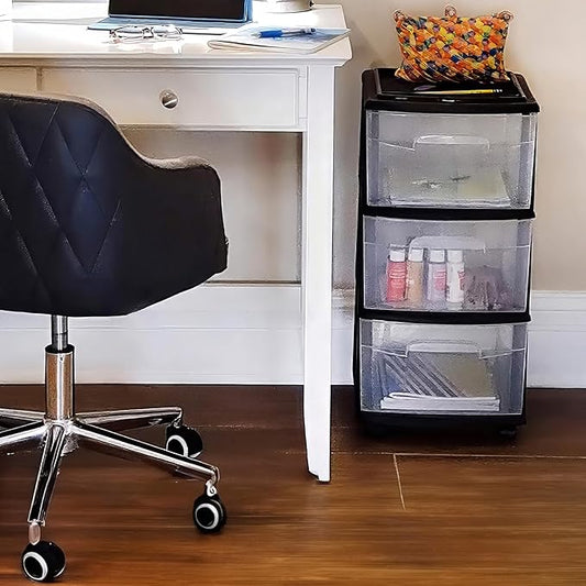 HOMZ Drawer Tower, 3-Tier Clear Plastic Storage Organizer Cart, Black Frame – Organizing Containers with Wheels for Home, Bathroom, Bedroom, Office, and Classroom