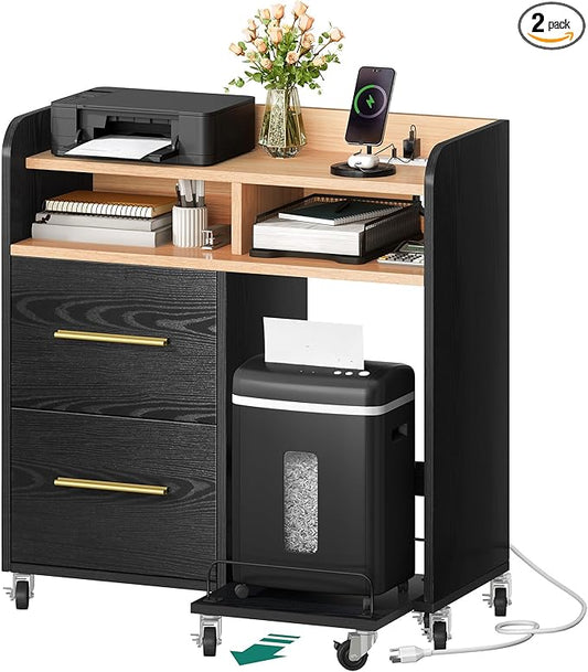 YITAHOME File Cabinet with Charging Station, Printer Table Cabinet for Home Office, Printer Stand Cart, Fits A4, Letter, Legal Size Files, Office Furniture, Black