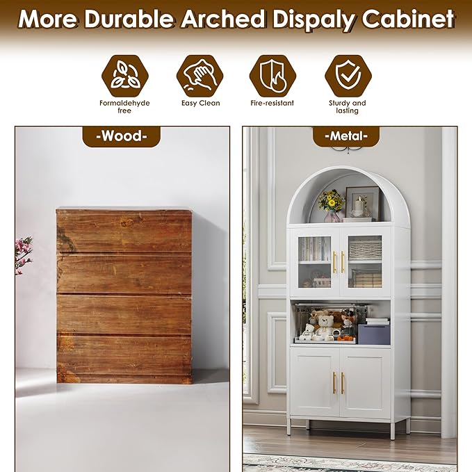 Metal Arched Pantry Cabinet,White Arched Kitchen Pantry Cabinet with 4 Doors for Kitchen Home, Assemble Required,White,72.83"×30.71" W×15.35" D