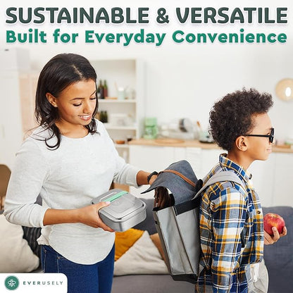 Everusely - Bento Box - Green, 60oz / 1.8 L - Extra Large Stainless Steel Lunch Box + Leakproof Condiment Container - 3 Compartment Snack Organizer for On the Go Meals - Freezer & Dishwasher Safe