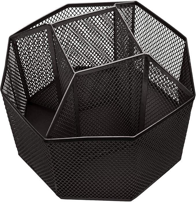 Annova Mesh Desk Organizer Rotate with 5 Compartments Spinning Tidy Candy/Pen Holder Office, Art Supply, Storage, Classroom, Home (Black)