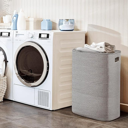 Large Laundry Hamper 16"x13"x22" - Tall Woven Laundry Basket, Cotton Rope Dirty Clothes Hamper, Baby Kids Nursery Wicker Laundry Basket, Bedroom Aesthetic, Soft Laundry Bin, Gray Hamper, 75L
