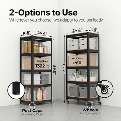 HOMEDANT House 5 Tier Heavy Duty Garage Shelving Adjustable Metal Rack Storage Shelves Standing Shelf Unit Organizers Pantry Closet Office (1, Black, (Wheels) 24.4" W x 16.2" D)