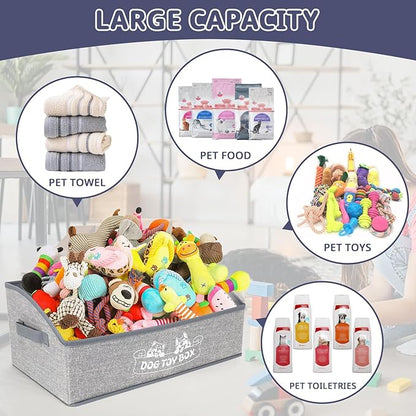 Foldable Pet Toy Storage Box with 3 Handles, Portable Organizer Basket for Dog Toys, Blankets & Accessories, White Dogs