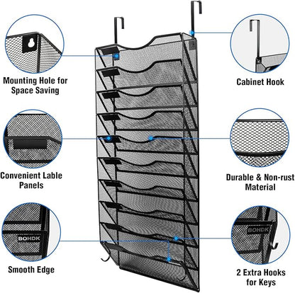 Wall File Organizer, 10 Tire Hanging File Folder Mail Organizer, Vertical Mesh Metal Door/Wall Mount Hanging File Holder, Paper Document Magazine Rack with Hooks for Home Office Black