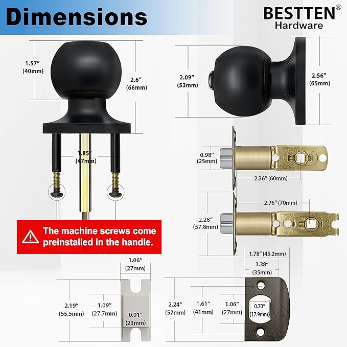 BESTTEN Keyed Entry Door Knob, Entrance Door Lock, Standard Ball, All Metal, Matte Black