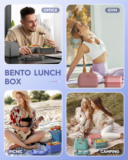 Adults Bento Lunch Box Set with Thermo Bag, 74oz Stackable Leak-proof 3-tiers Bento Box, Built-in Utensil and Sauce Container for Work, School, Dining Out (Purple)