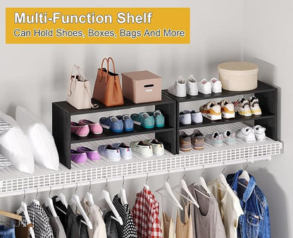 Black Shoe Rack Organizer for Closet, 2-Tier Expandable Shoe Shelf, Stackable Iron Wood Combination Small Shoe Racks Shelves for Closets, Entryway,Small Space,Hallway,Garage,6-12 Pairs