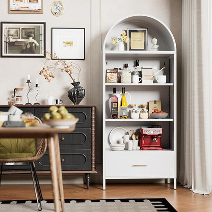 Metal White Arched Bookcase with 2 Adjustable Shelf, Arched Bookshelf with Drawer for Home Office Living Room,Required Assembly