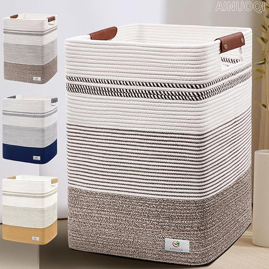 Laundry Hamper - Tall Woven Rope Laundry Basket - Clothes hamper with Leather Handles, 17" X 13.8" X 22", Blanket Storage Basket for Living Room, Rice Brown & White