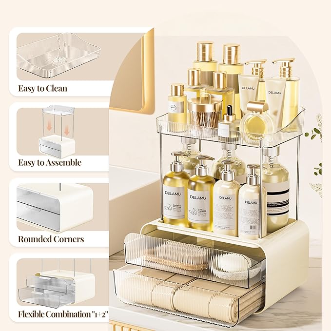 Delamu Bathroom Counter Organizer 2-Drawers 2-Tier Acrylic Makeup Organizer for Vanity Countertop, Skincare Perfume Storage, Easy Assembly, Ideal for Women, Bath Linen Sets, CreamWhite