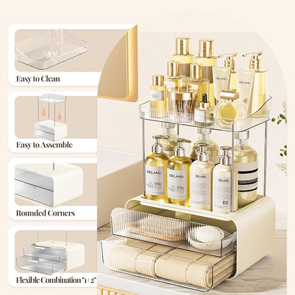 Delamu Bathroom Counter Organizer 2-Drawers 2-Tier Acrylic Makeup Organizer for Vanity Countertop, Skincare Perfume Storage, Easy Assembly, Ideal for Women, Bath Linen Sets, CreamWhite