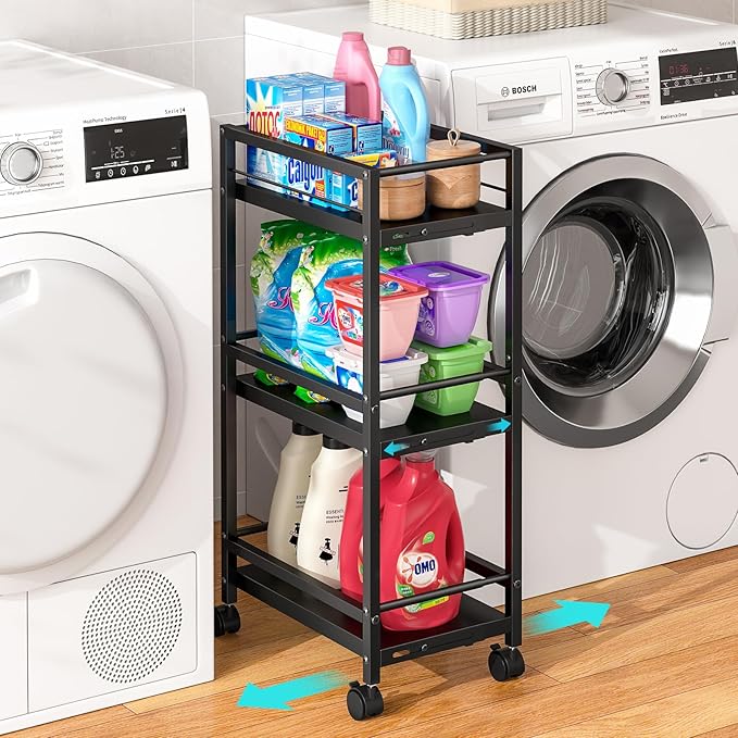 Expandable Slim Storage Cart for Small Spaces, 3-Tier Metal Shelving Unit with Wheels, Heavy-Duty Laundry Room Organization, Adjustable Narrow Storage Cabinet for Bathroom, Laundry Room, Kitchen