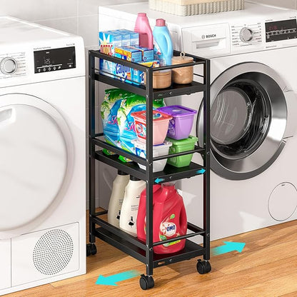 Expandable Slim Storage Cart for Small Spaces, 3-Tier Metal Shelving Unit with Wheels, Heavy-Duty Laundry Room Organization, Adjustable Narrow Storage Cabinet for Bathroom, Laundry Room, Kitchen