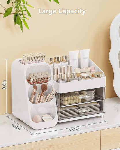 Makeup Organizer with Drawers, Skincare Organizer (Large Size Thick), Storage Box Cosmetic Display Cases, Make up Organizers for Vanity, Dresser, Desk, Kitchen, Countertop (White)
