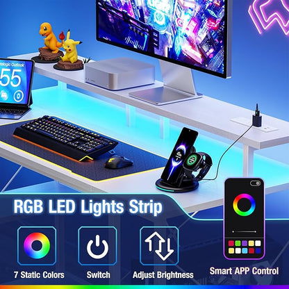 DUMOS Gaming Desk 48 inch Computer Office Desks with LED Lights Power Outlets, Monitor Stand Storage Shelves, Ergonomic White Office Table for Home Gaming Station