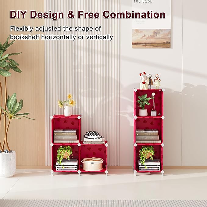 UNKU Cube Storage Organizer, 3 Cube Closet Organizer Storage Shelves, DIY Stackable Bookcase, Clothes Organizer Shelf for Closet, Bedroom, Living Room, Cabinet, Home, Office, Red