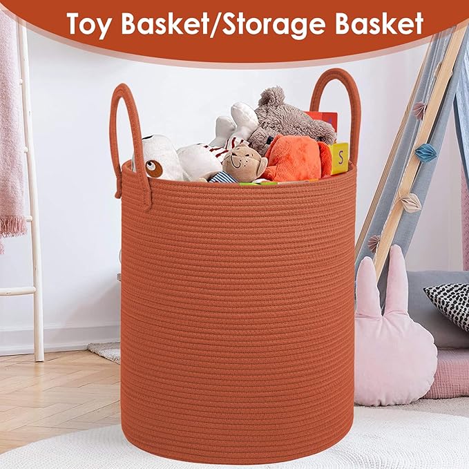 Cotton Rope Laundry Basket, Large Capacity Storage Bin with Handles, Blanket Basket for Living Room, Ribbed Texture, Brick Red, XX Large 100L