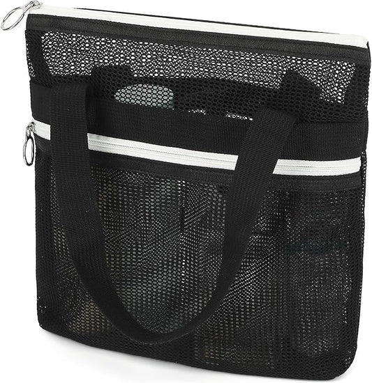 Mesh Shower Caddy Portable Shower Bag for Travel, Gym, Camping – Quick-Dry Hanging Toiletry Organizer with Zipper Pockets for Bathroom Essentials,Black