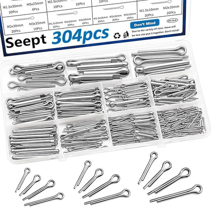 304Pcs Cotter Pins 24-Sizes 304 Stainless Steel Cotter Pins Assortment Kit Used for Hitch Lock System, Trucks, Engine Repair