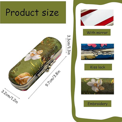 MIAO JIN Lipstick Case with Mirror Lipstick Holder Storage Bag Kiss Lock of Iron Mini Portable Vintage Floral Pattern Jewelry Cosmetic Case (Military Green)