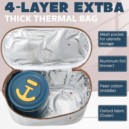Dandat 4 Pcs Insulated Bento Box Portable Stainless Steel Food Container Round Stackable Leakproof Thermal Food Container for Adult Men Women with Insulated Bag, 74 oz(Royal Blue)