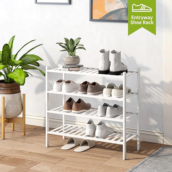 BMOSU 4-Tier Bamboo Shoe Rack Premium Stackable Shoe Shelf Storage Organizer for Hallway Closet Living Room Entryway Organizer(White Bamboo)