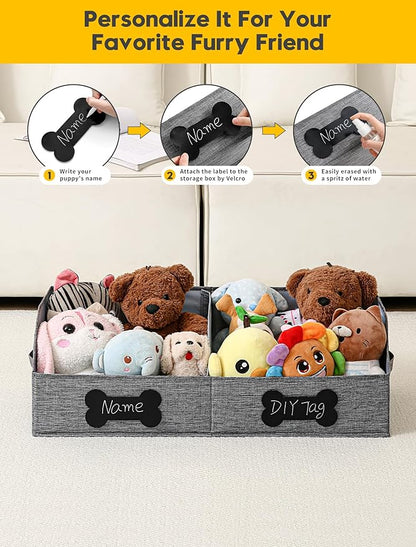 Qozary Large Dog Toy Basket with Diy Tag - Collapsible Dog Toy Bin, Fabric Personalized Storage Box, Trapezoid Storage and Organizer for Pet Supplies (Gray, Medium 27.6"x11.8")