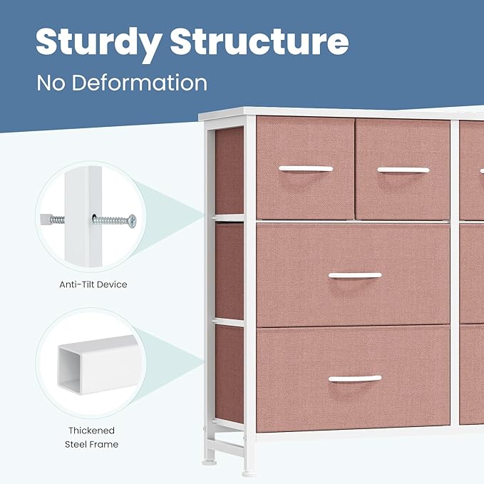 DUMOS TV Stand, Dresser with 8 Fabric Drawers, Spacious Storage Tower for Closet, TV Stand with Wood Top and Mental Frame, Storage Unit for Living Rooms, Bedroom and Entryway, Pink