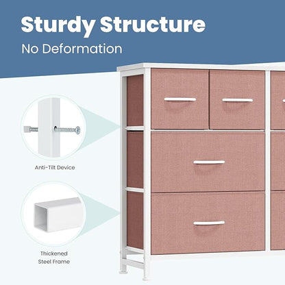 DUMOS TV Stand, Dresser with 8 Fabric Drawers, Spacious Storage Tower for Closet, TV Stand with Wood Top and Mental Frame, Storage Unit for Living Rooms, Bedroom and Entryway, Pink