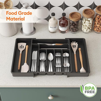 Lifewit Utensil Organizer for Kitchen Drawer, Expandable Cooking Silverware Tray, Adjustable Cutlery Flatware Holder, Plastic Spatula Tools Storage Divider, 13-22.4 x 15", Black