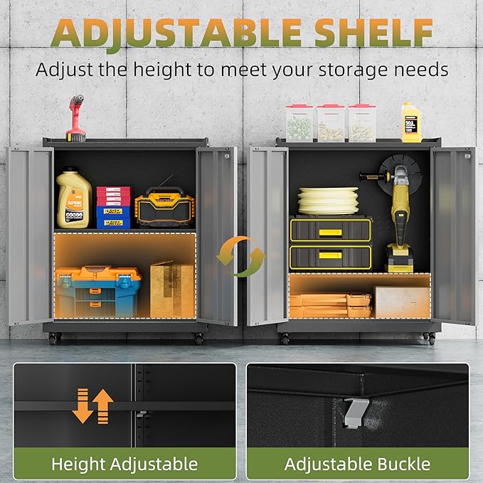 Garage Storage Cabinet with Wheels, Metal Storage Cabinets for Hanging Tools, Rolling Tool Cabinet, 34''H Heavy Duty & Rust Resistant Storage Cabinet for Garage, Warehouse, Office
