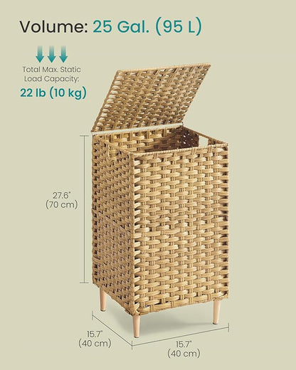 SONGMICS Laundry Hamper with Lid, 25 Gal (95L) PE Rattan Laundry Basket with Removable Washable Liners, for Bedroom & Living Room, Goose Yellow ULCB221YE01