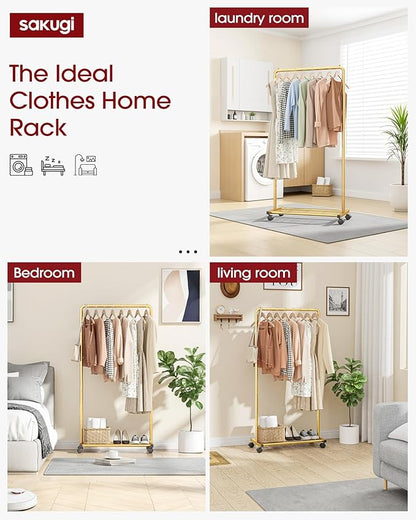 Clothes Rack - Clothing Rack with Storage Mesh Shelf & Casters, Heavy-Duty Metal Clothing Rack for Hanging Clothes, Dresses, Coats, Large Load Capacity, Easy Assembly, Gold, 28.0"x16.9"x59.0"