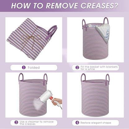 Large Laundry Basket,Laundry Hamper,15''x18'' Cotton Rope Storage Basket with Handles,baby hamper, Nursery Blanket Storage Living Room,toy basket,kids laundry,home decor (white+purple)