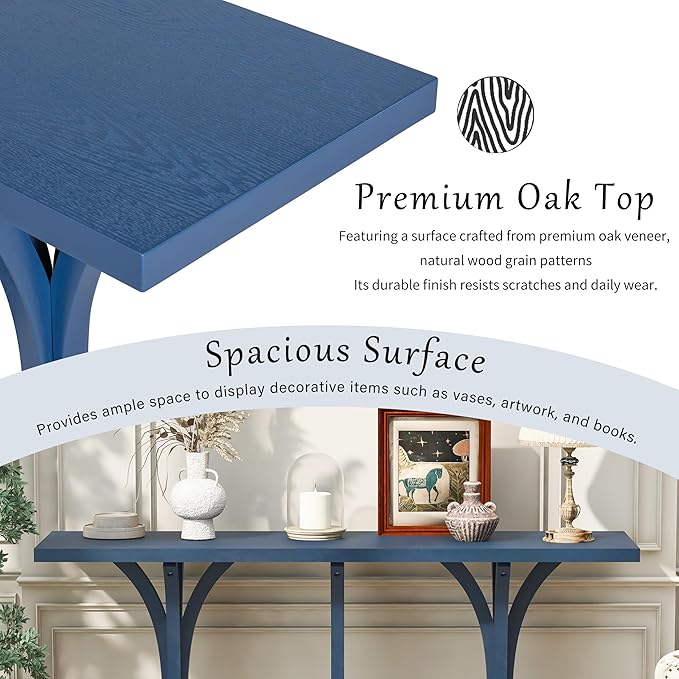 59.8" Wooden Console Table with Oak Veneer Top,Farmhouse Entryway Table with Rubber Wood Slender Curved Legs,Perfect for Living Room,Entryway,Hallway,Navy Blue