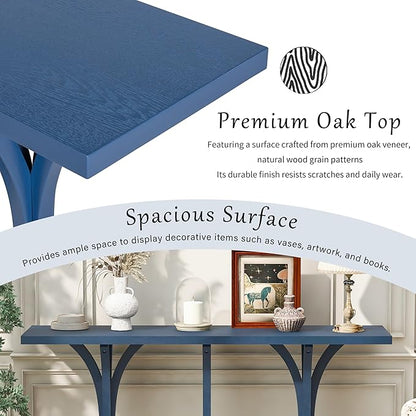 59.8" Wooden Console Table with Oak Veneer Top,Farmhouse Entryway Table with Rubber Wood Slender Curved Legs,Perfect for Living Room,Entryway,Hallway,Navy Blue