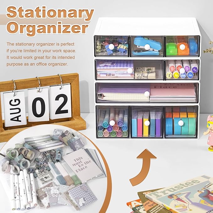 Desk Organizer with 9 Drawers, 4 Tier Plastic Stackable Storage Drawers for Desk Storage, Office Stationary Makeup Organizer Suit for Home, Office and School