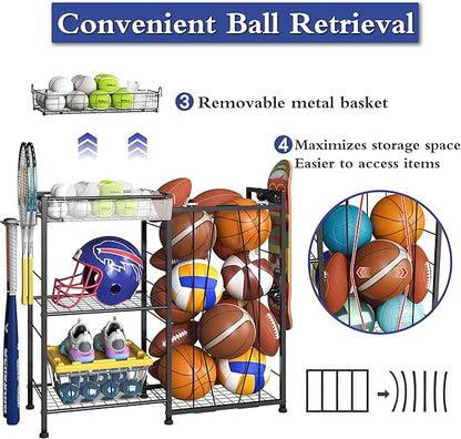 Sports Equipment Organizer, Ball Storage Rack with Elastic Straps and Removable Basket for Garage Organization, Garage Organizer with Hooks for Toy Sports Gear Storage, Sports Ball Storage Cart, Black