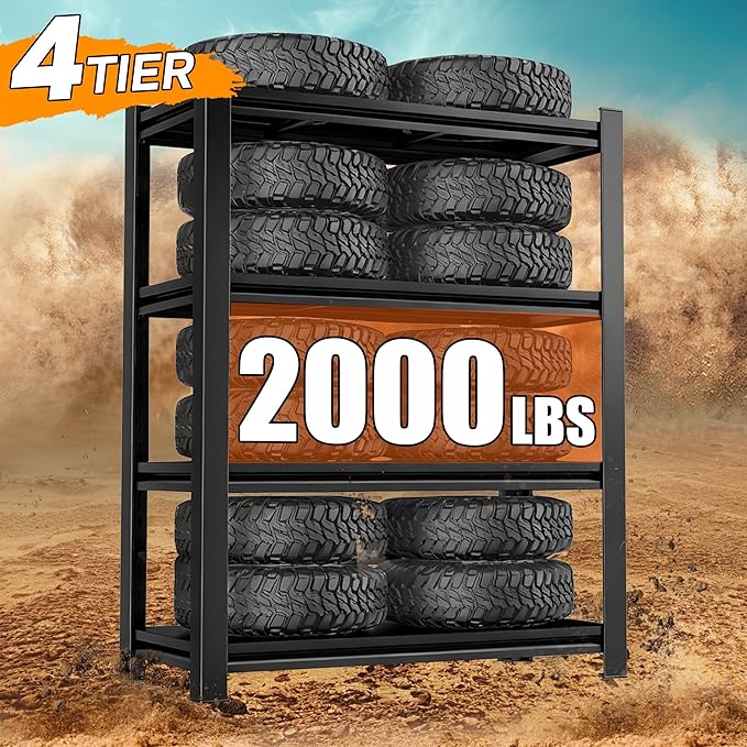 45.3" W Garage Shelving, 4 Tier Heavy Duty Metal Storage Shelves, 2000LBS Capacity, Adjustable Shelving Unit for Garage, Basement Organizer, 45.3" W x 16" D x 63" H