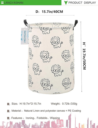 LANGYASHAN Laundry Basket Canvas Fabric Collapsible Organizer Basket for Storage Bin Toy Bins Gift Baskets Bedroom Clothes Children Nursery Hamper (Lion)
