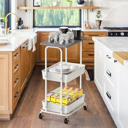 Simple Houseware 2-Tier Rolling Utility Cart with Lockable Wheels and Wood Top, Metal Storage Organizer Trolley for Kitchen, Bathroom, Office, Craft Room, Grey