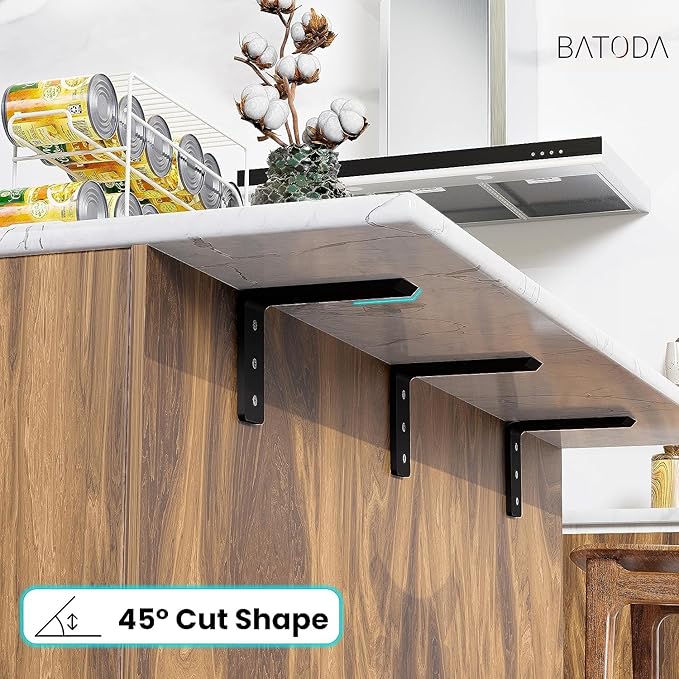 BATODA 8” Countertop Support Steel Brackets (2 pcs) for Large Granite - Heavy Duty L Floating Shelf Bracket - Black Metal Wall Mounted Support for Wood Shelving (8 inch)