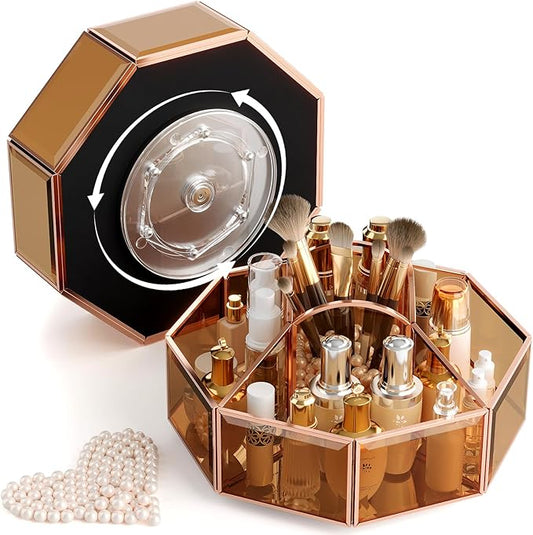 360° Rotating Makeup Organizer Spinning Vanity Organizer with Makeup Brush Holder for Countertop, Bathroom Storage, Skincare, Perfume & Cosmetic Organizer for Vanity Amber