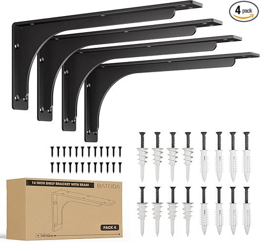 BATODA 14" x 6" L Bracket with Beam - Shelf Brackets Black 300 Lbs Capacity - Heavy Duty Shelving Brackets for Floating Shelves - Wall Mounted Support for DIY – Mounting Hardware Included (Pack 4)