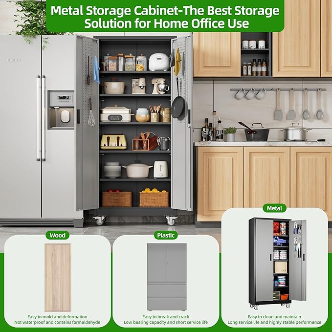 71" H Metal Garage Storage Cabinet with Wheels，Steel Storage Cabinet with Door,5 Adjustable Shelves and Pegboard for Garage Home,Required Assembly,Black &Dark Grey