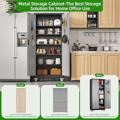 71" H Metal Garage Storage Cabinet with Wheels，Steel Storage Cabinet with Door,5 Adjustable Shelves and Pegboard for Garage Home,Required Assembly,Black &Dark Grey