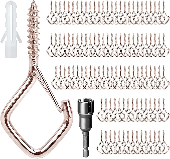 110 PCS Q-Hanger Hooks for String Lights, Ceiling Hangers for Plants & Wind Chimes, Christmas Decorations Outdoor Hooks Rose Gold