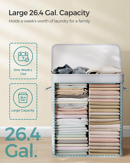SONGMICS Laundry Hamper with Lid, Bamboo Laundry Basket, Removable Machine Washable Laundry Basket, with Handles, 26.4-Gallons, for Laundry Room, Bedroom, Bathroom, Dove Gray ULCB063G01