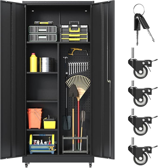 Metal Garage Storage Cabinet with Wheels, Locking Broom Closet Storage Cabinet with Adjustable Shelves, 71" H Tool Cabinet for Utility Room, Workshop, Warehouse